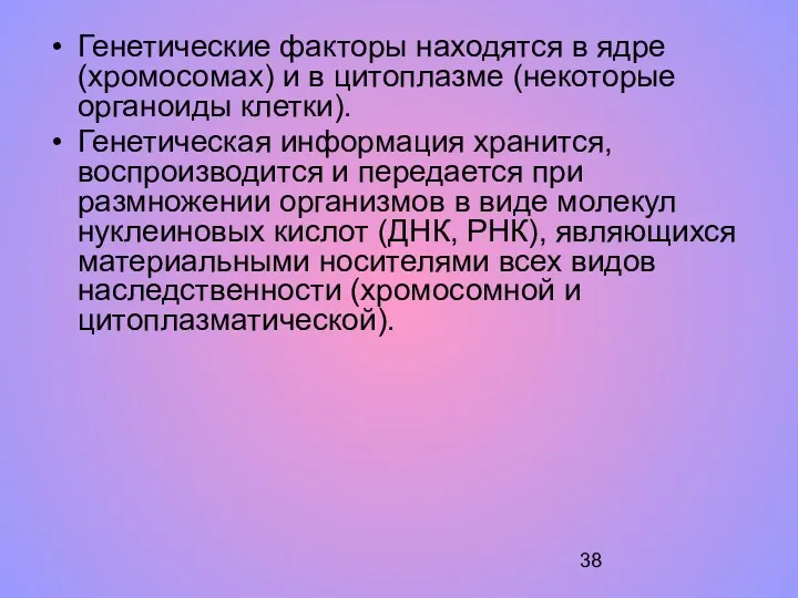 Генетические факторы находятся в ядре (хромосомах) и в цитоплазме (некоторые