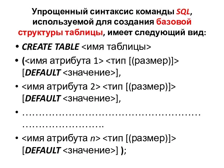 Упрощенный синтаксис команды SQL, используемой для создания базовой структуры таблицы,