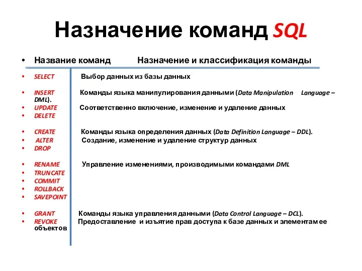 Назначение команд SQL Название команд Назначение и классификация команды SELECT