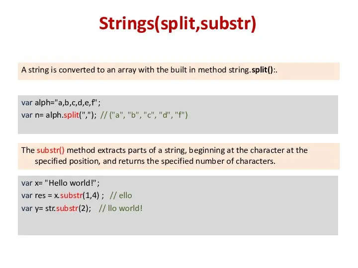 Strings(split,substr) A string is converted to an array with the