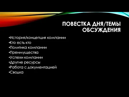 ПОВЕСТКА ДНЯ/ТЕМЫ ОБСУЖДЕНИЯ История/концепция компании Кто есть кто Политика компании