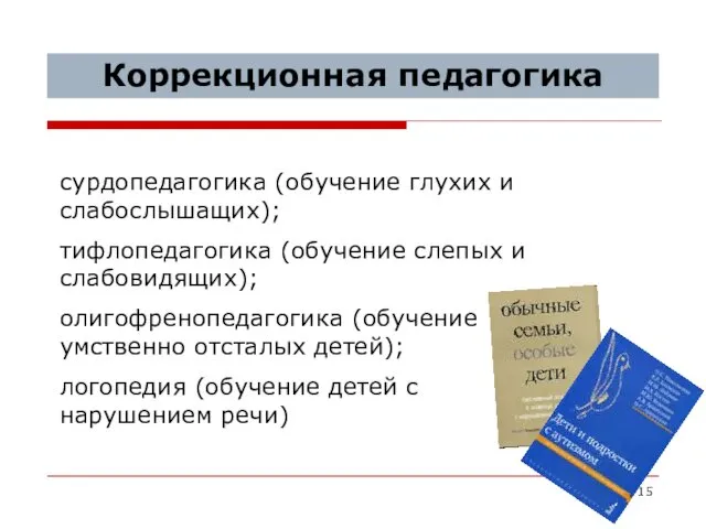 Коррекционная педагогика сурдопедагогика (обучение глухих и слабослышащих); тифлопедагогика (обучение слепых