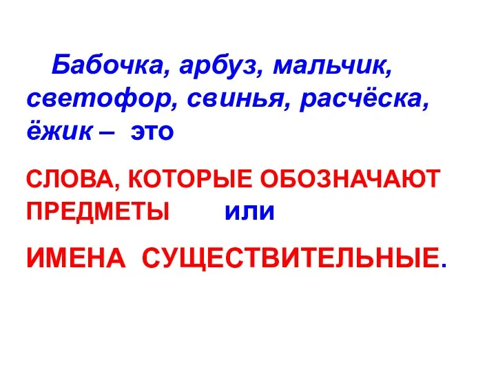 Бабочка, арбуз, мальчик, светофор, свинья, расчёска, ёжик – это СЛОВА, КОТОРЫЕ ОБОЗНАЧАЮТ ПРЕДМЕТЫ или ИМЕНА СУЩЕСТВИТЕЛЬНЫЕ.