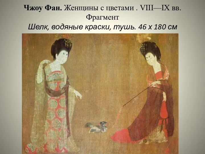 Чжоу Фан. Женщины с цветами . VIII—IX вв. Фрагмент Шелк, водяные краски, тушь.