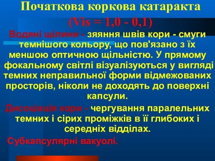 Початкова коркова катаракта (Vis = 1,0 - 0,1) Водяні щілини