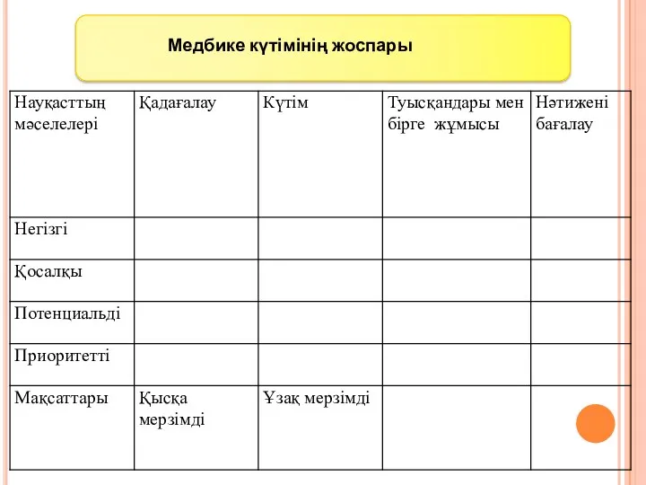 Медбике күтімінің жоспары