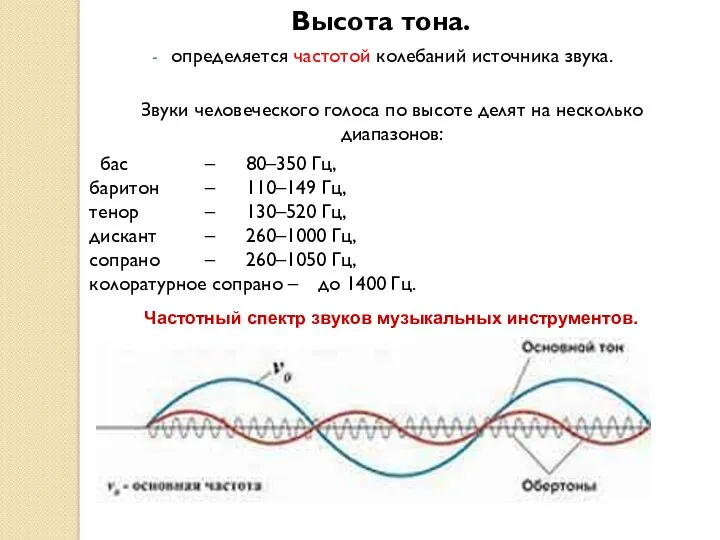 Высота тона. определяется частотой колебаний источника звука. Звуки человеческого голоса