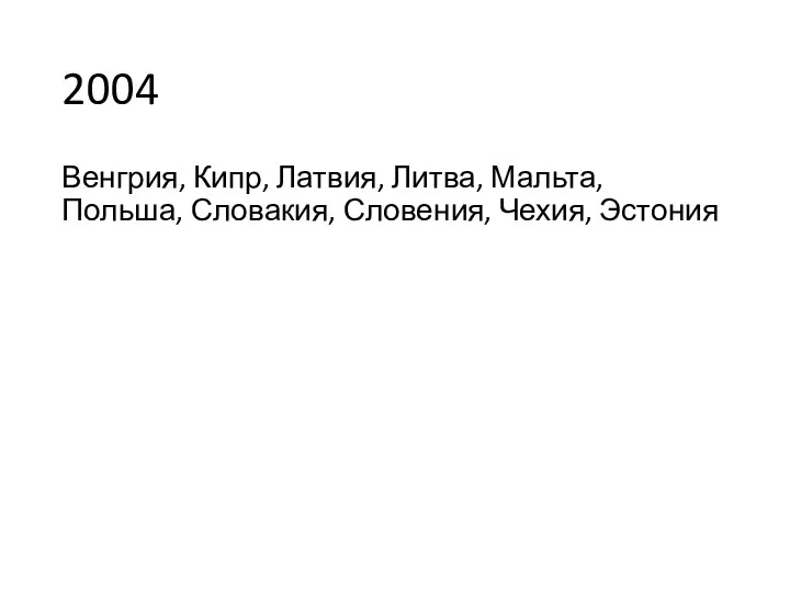 2004 Венгрия, Кипр, Латвия, Литва, Мальта, Польша, Словакия, Словения, Чехия, Эстония