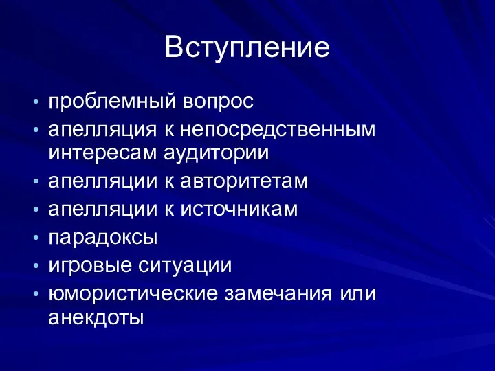 Вступление проблемный вопрос апелляция к непосредственным интересам аудитории апелляции к авторитетам апелляции к