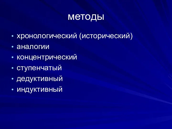 методы хронологический (исторический) аналогии концентрический ступенчатый дедуктивный индуктивный