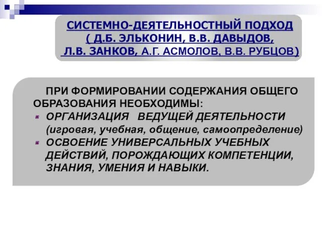 ПРИ ФОРМИРОВАНИИ СОДЕРЖАНИЯ ОБЩЕГО ОБРАЗОВАНИЯ НЕОБХОДИМЫ: ОРГАНИЗАЦИЯ ВЕДУЩЕЙ ДЕЯТЕЛЬНОСТИ (игровая,