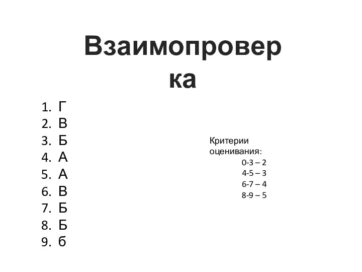 Взаимопроверка Г В Б А А В Б Б б Критерии оценивания: 0-3