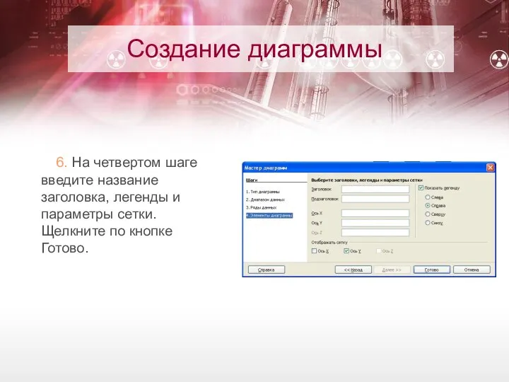 Создание диаграммы 6. На четвертом шаге введите название заголовка, легенды