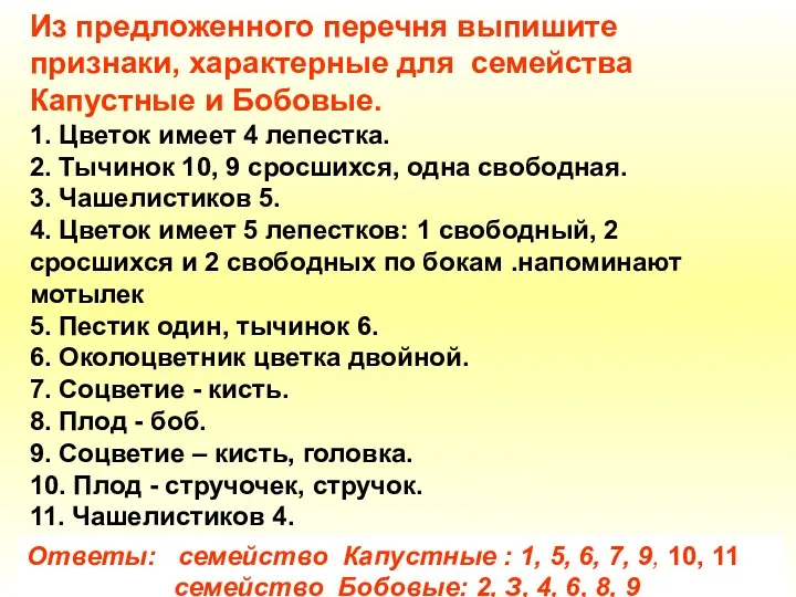 Из предложенного перечня выпишите признаки, характерные для семейства Капустные и