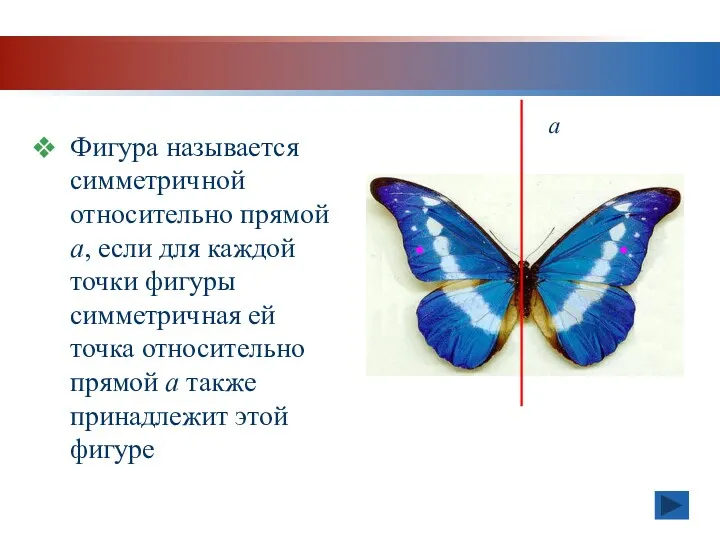 Фигура называется симметричной относительно прямой a, если для каждой точки