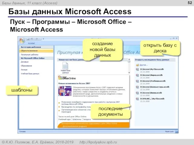 Базы данных Microsoft Access Пуск – Программы – Microsoft Office