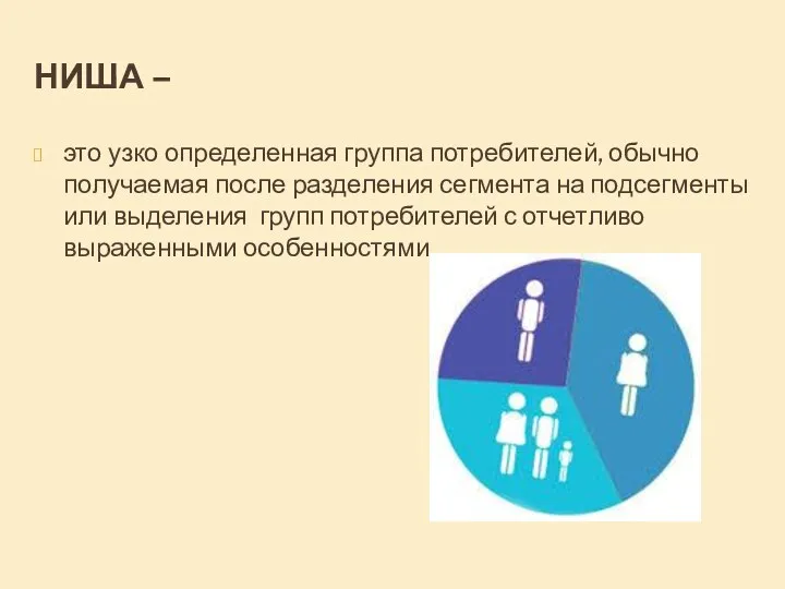 НИША – это узко определенная группа потребителей, обычно получаемая после