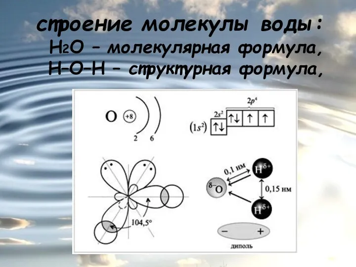 строение молекулы воды: Н2О – молекулярная формула, Н–О–Н – структурная формула,