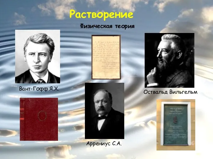 Растворение Физическая теория Вант-Гофф Я.Х. Оствальд Вильгельм Аррениус С.А.