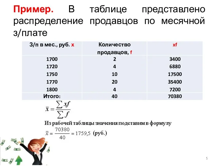 Пример. В таблице представлено распределение продавцов по месячной з/плате