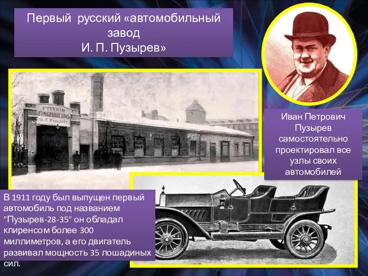 Первый русский «автомобильный завод И. П. Пузырев» Иван Петрович Пузырев