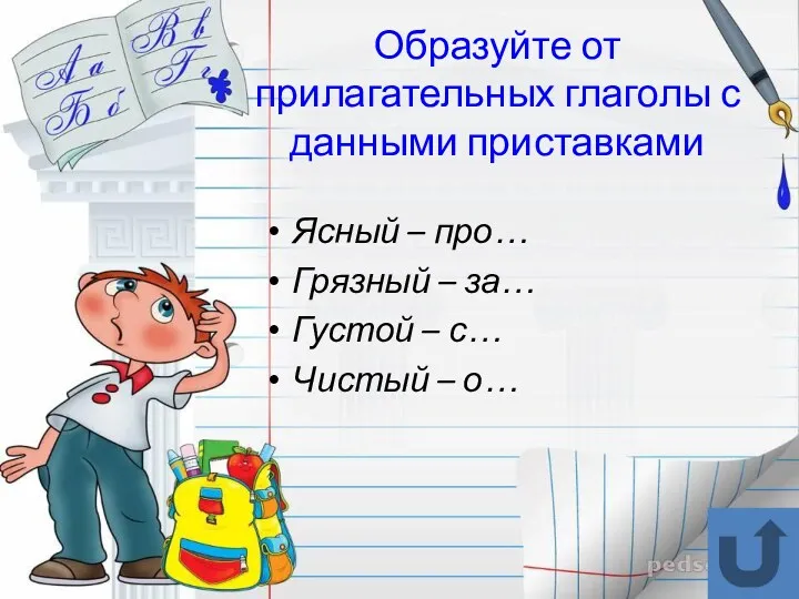 Образуйте от прилагательных глаголы с данными приставками Ясный – про…