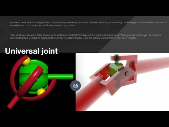 Universal joint A universal joint (universal coupling, U-joint, Cardan joint, Spicer or Hardy