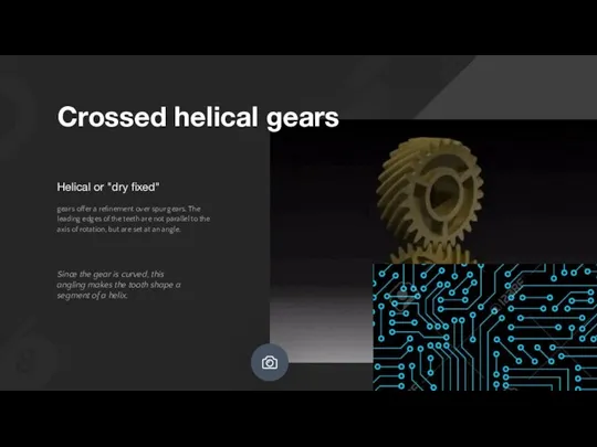 Crossed helical gears gears offer a refinement over spur gears. The leading edges