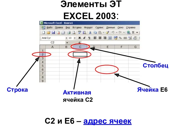 Элементы ЭТ EXCEL 2003: Ячейка Е6 Активная ячейка С2 Строка
