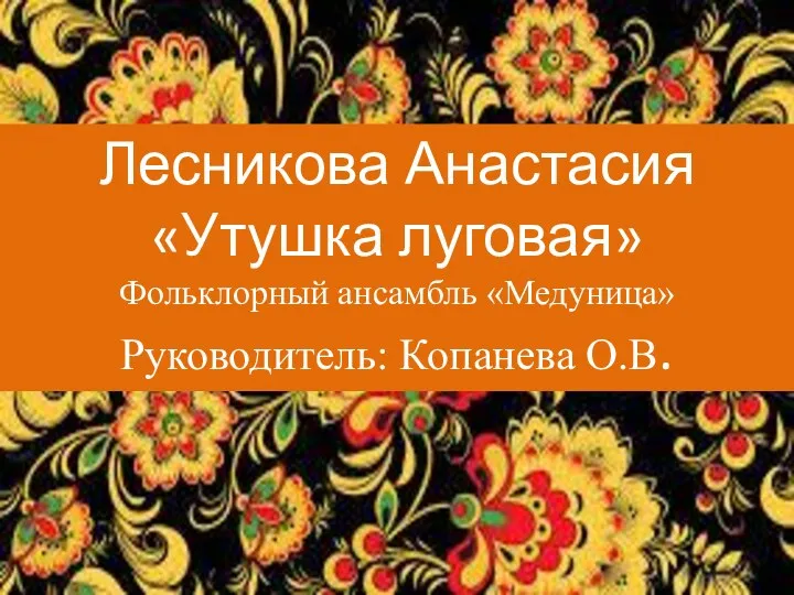 Лесникова Анастасия «Утушка луговая» Фольклорный ансамбль «Медуница» Руководитель: Копанева О.В.