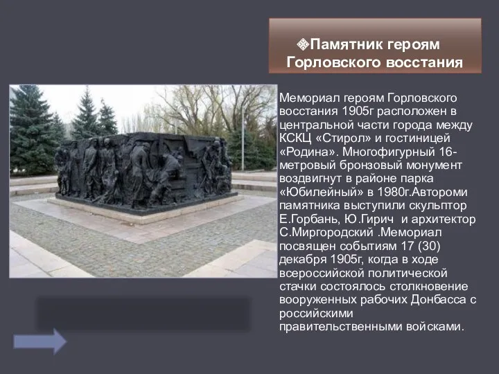 Памятник героям Горловского восстания Мемориал героям Горловского восстания 1905г расположен
