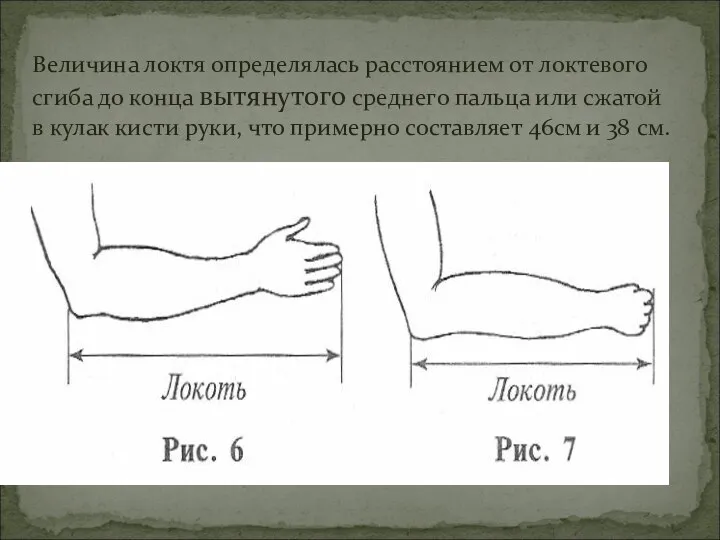 Величина локтя определялась расстоянием от локтевого сгиба до конца вытянутого