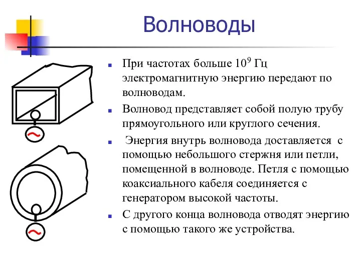 Волноводы При частотах больше 109 Гц электромагнитную энергию передают по