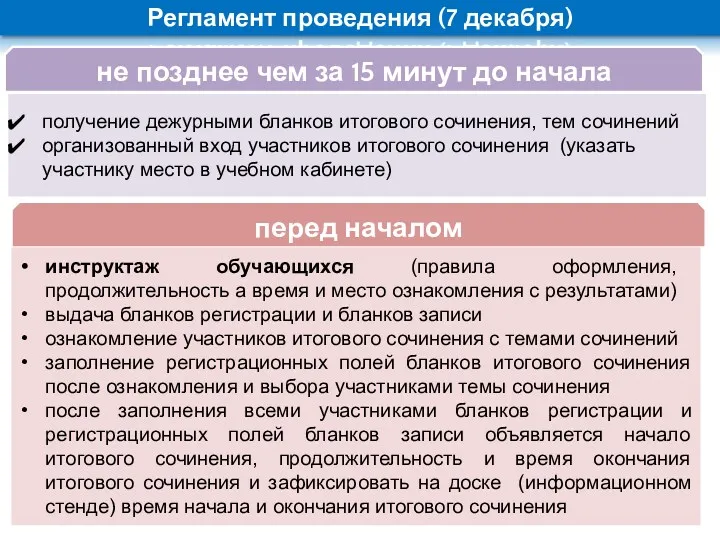 получение дежурными бланков итогового сочинения, тем сочинений организованный вход участников