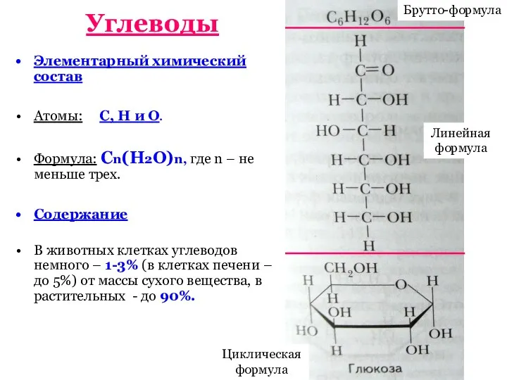 Углеводы Элементарный химический состав Атомы: С, Н и О. Формула: