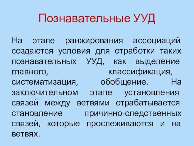 Познавательные УУД На этапе ранжирования ассоциаций создаются условия для отработки