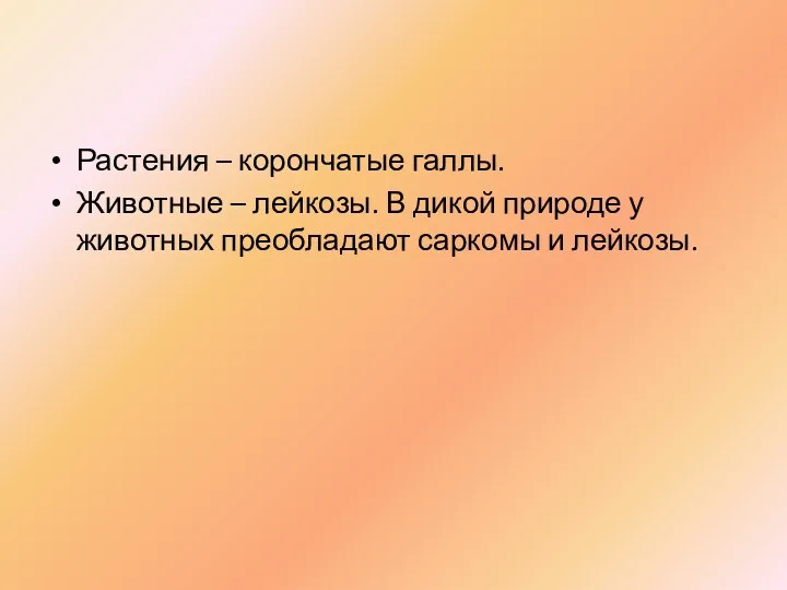 Растения – корончатые галлы. Животные – лейкозы. В дикой природе у животных преобладают саркомы и лейкозы.