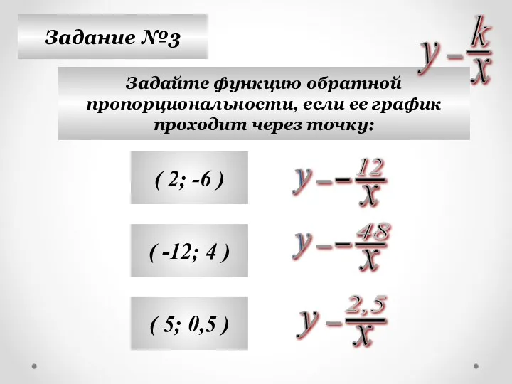 Задание №3 Задайте функцию обратной пропорциональности, если ее график проходит