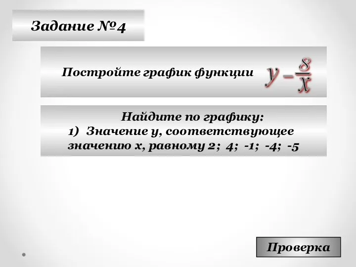 Задание №4 Постройте график функции Проверка Найдите по графику: Значение