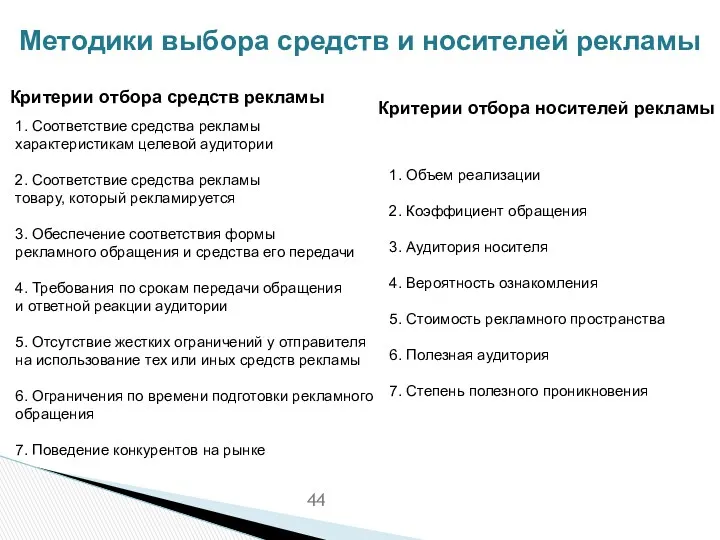 Методики выбора средств и носителей рекламы Критерии отбора средств рекламы