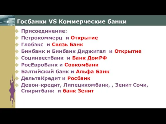 Госбанки VS Коммерческие банки Присоединение: Петрокоммерц и Открытие Глобэкс и Связь Банк Бинбанк