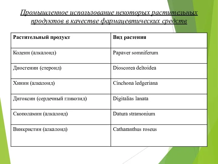 Промышленное использование некоторых растительных продуктов в качестве фармацевтических средств