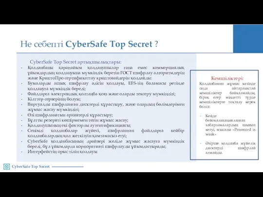 Не себепті CyberSafe Top Secret ? CyberSafe Top Secret CyberSafe Top Secret артықшылықтары: