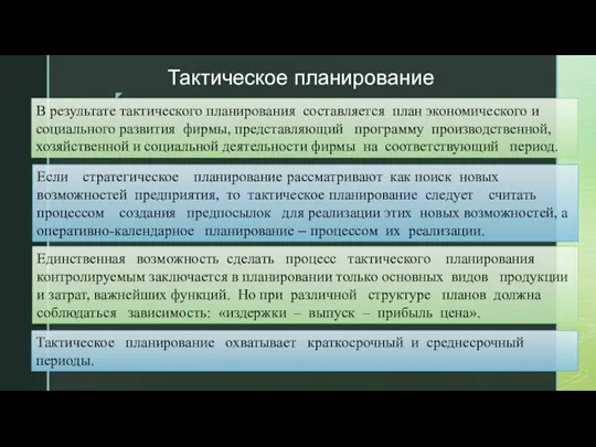 Тактическое планирование В результате тактического планирования составляется план экономического и