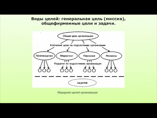 Виды целей: генеральная цель (миссия), общефирменные цели и задачи. Иерархия целей организации