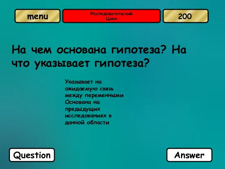 Исследовательский Цикл На чем основана гипотеза? На что указывает гипотеза?