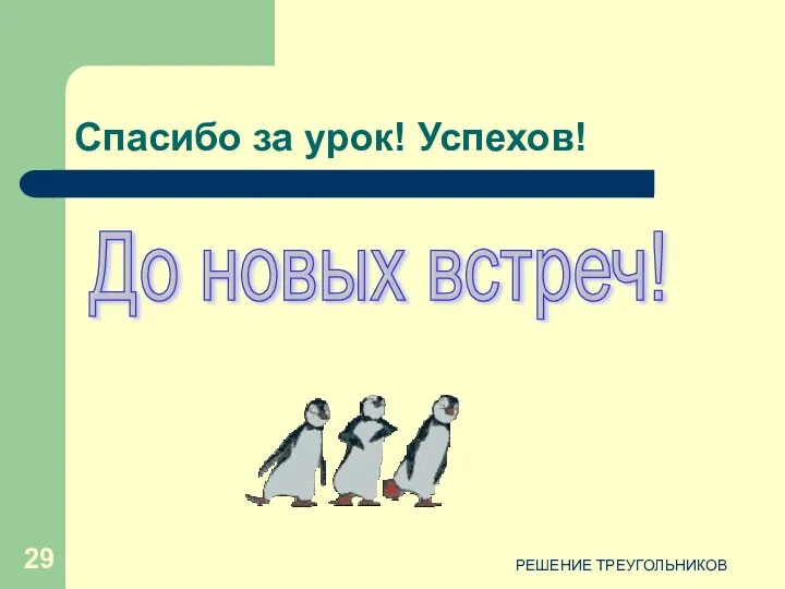 РЕШЕНИЕ ТРЕУГОЛЬНИКОВ Спасибо за урок! Успехов! До новых встреч!