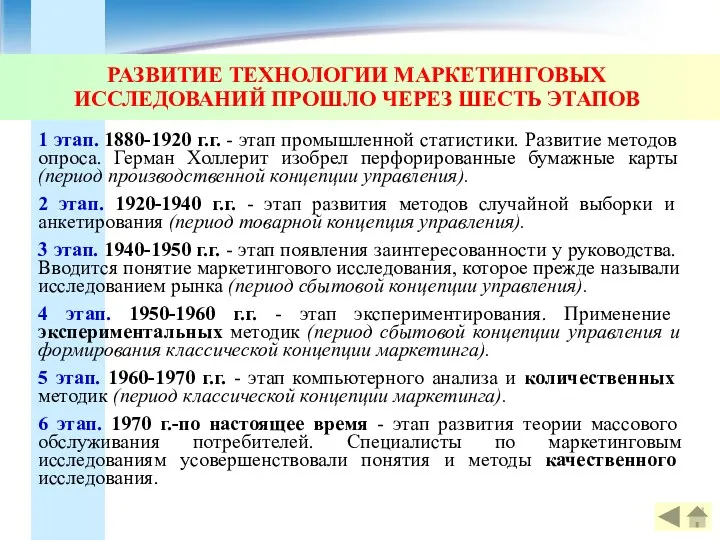 РАЗВИТИЕ ТЕХНОЛОГИИ МАРКЕТИНГОВЫХ ИССЛЕДОВАНИЙ ПРОШЛО ЧЕРЕЗ ШЕСТЬ ЭТАПОВ 1 этап.