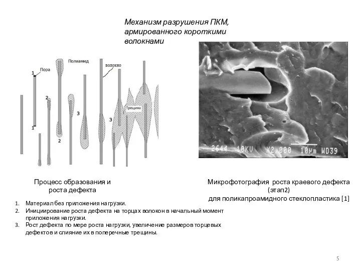 Механизм разрушения ПКМ, армированного короткими волокнами Процесс образования и роста дефекта Микрофотография роста