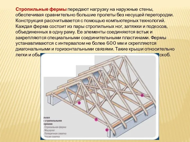 Стропильные фермы передают нагрузку на наружные стены, обеспечивая сравнительно большие